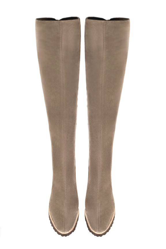 Tan beige women's leather thigh-high boots. Round toe. Flat rubber soles. Made to measure. Top view - Florence KOOIJMAN